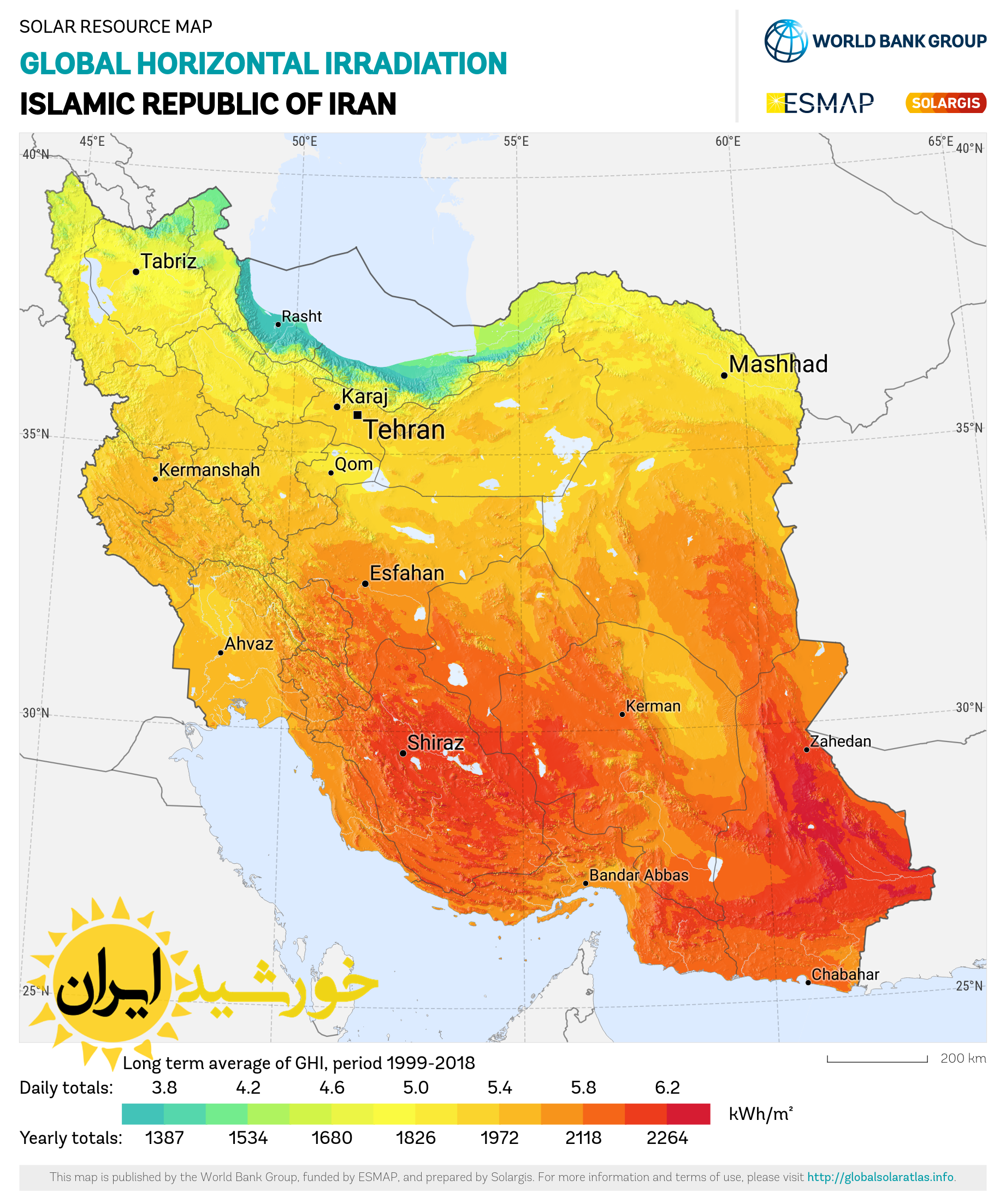 نقشه انرژی تابشی کل روی سطح افق در ایران